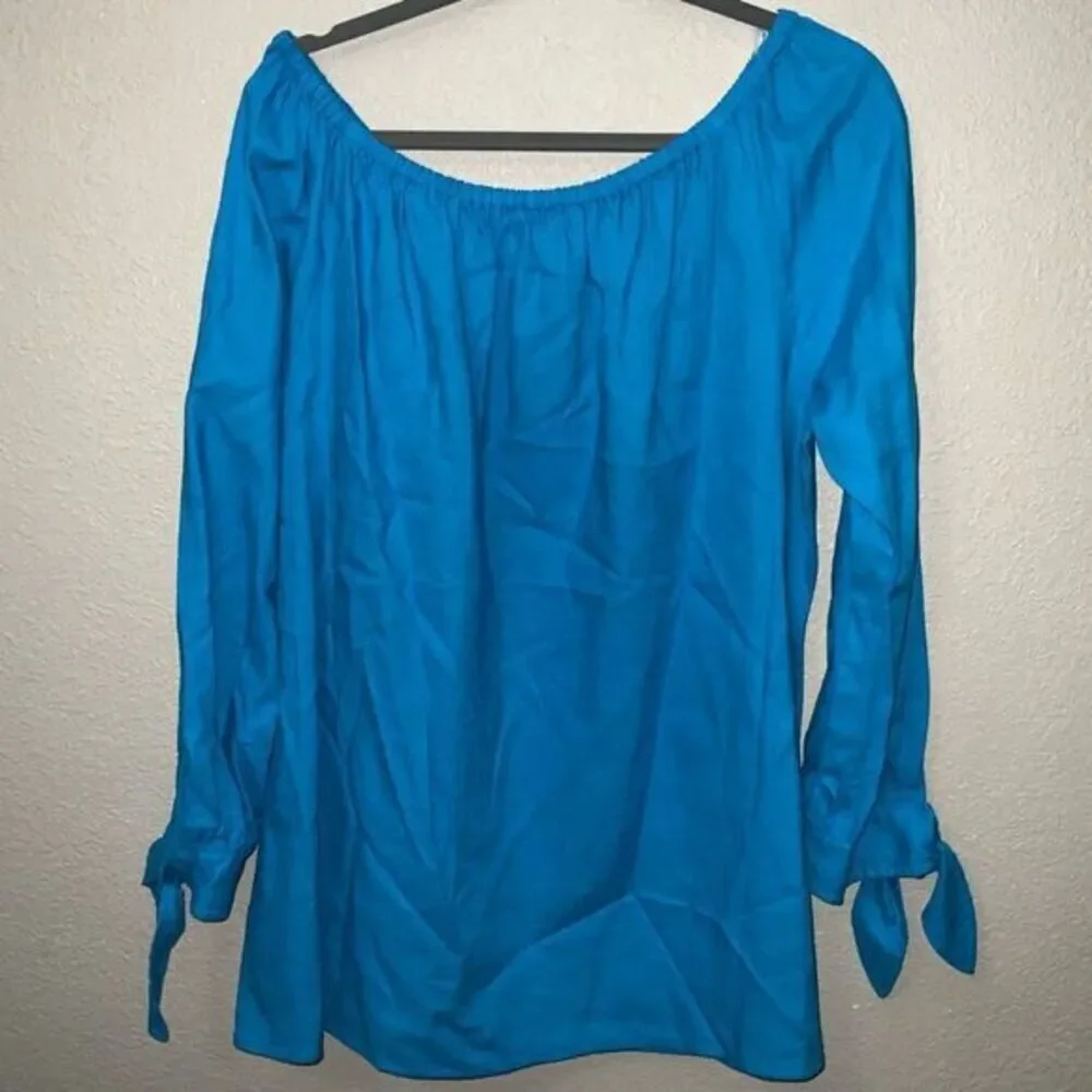 Michael Kors Blue Off Shoulder Tie Sleeve Blouse Boho Peasant Top size M